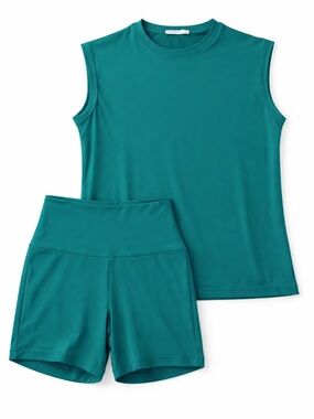 Zenana Teal Athletic Set Medium Sleeveless Top & High Waist Shorts Athleisure